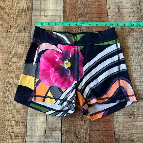 Adidas Womens Size 2 Climalite Floral Burst Shorts Athletic Techfit in Blue Pink - Picture 2 of 9